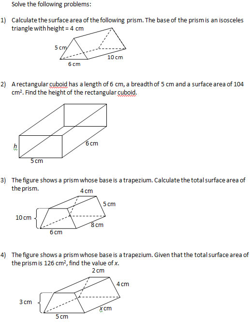 Find the surface area of solids (II)(Worksheets and Solutions)