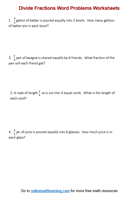 Divide Fractions Word Problems Worksheet Examples Answers Videos