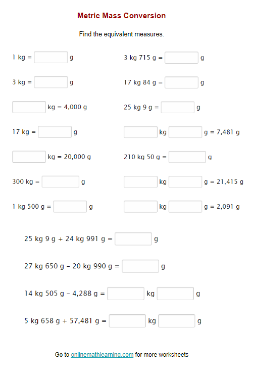 Metric Mass Worksheet Printable Online Answers