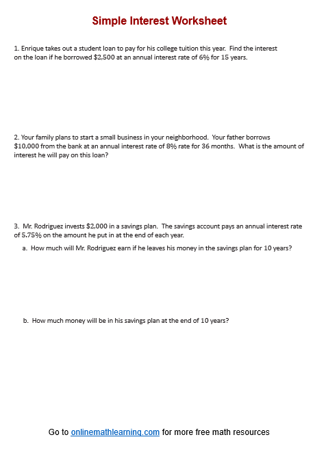 Simple Interest Word Problem Worksheets Printable Online Answers