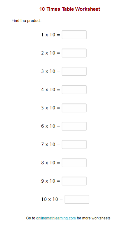 10 Times Table Worksheet (printable, online, answers)