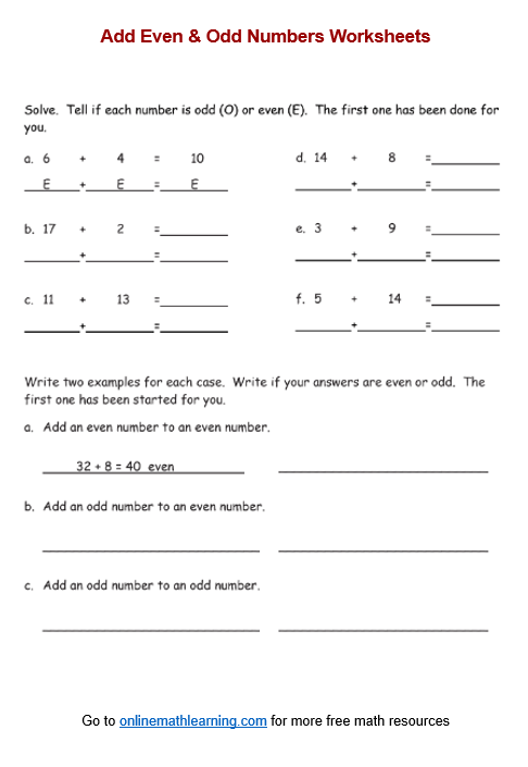 Add Even & Odd Numbers Worksheets (Second Grade, printable)