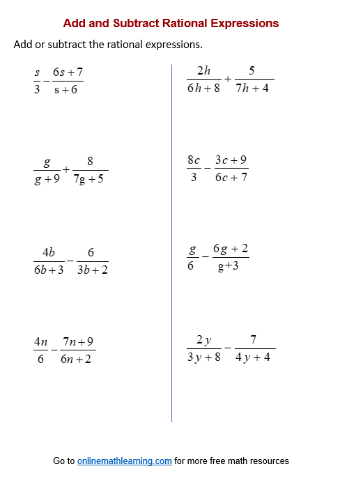 Add Subtract Rational Expressions Worksheets printable Online 