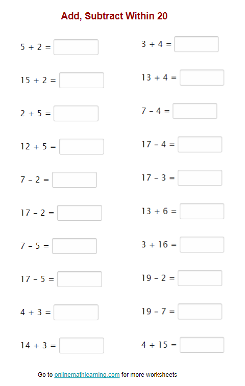 Add, Subtract Within 20 Worksheets (First Grade, printable)