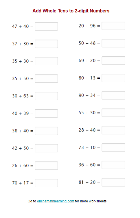 Add Tens To 2 digit Numbers Worksheets First Grade Second Grade 