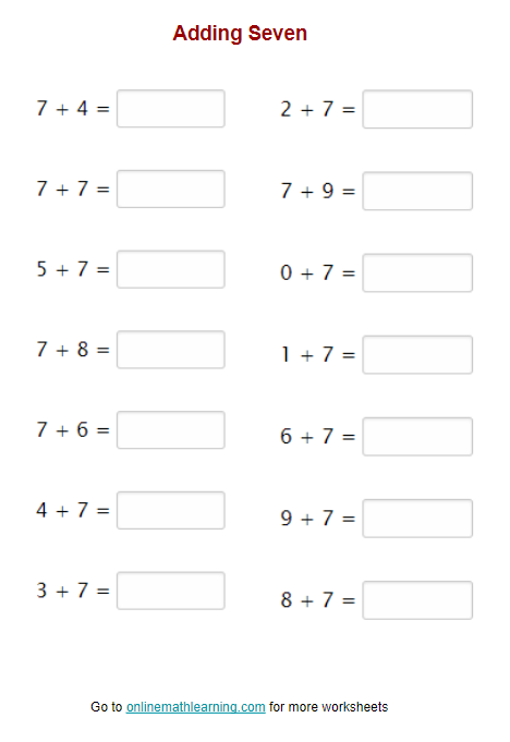 Adding Seven Worksheets (First Grade, printable)