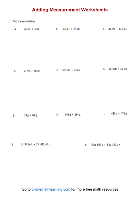 Adding Measurement Worksheets Printable Online