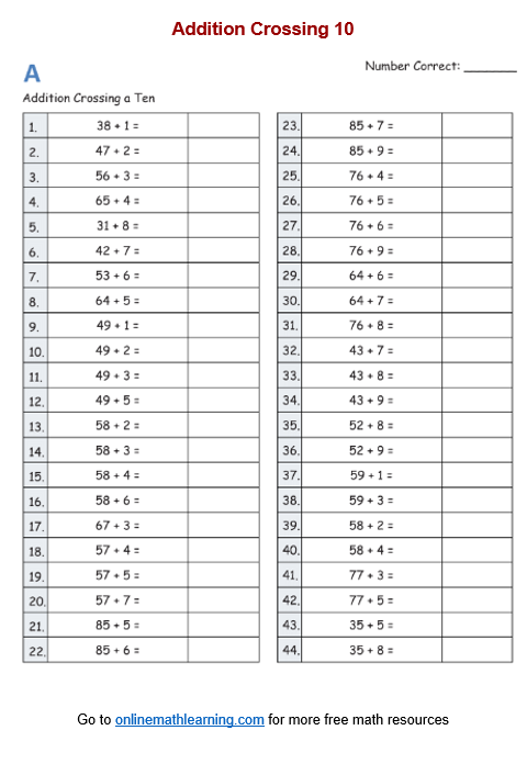 Addition Across 10 Worksheets (Second Grade, printable)