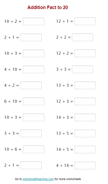 Addition Facts To 20 Worksheets First Grade Printable 2874