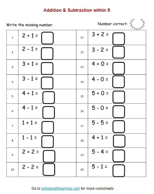 Addition & Subtraction Within 5 Worksheets (Kindergarten, printable)