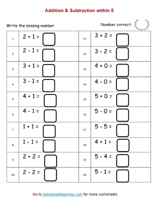 addition subtraction within 5 worksheets kindergarten printable