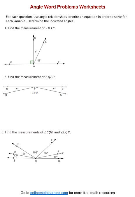 Angle Word Problems Worksheets (printable, 7th Grade, online, answers ...