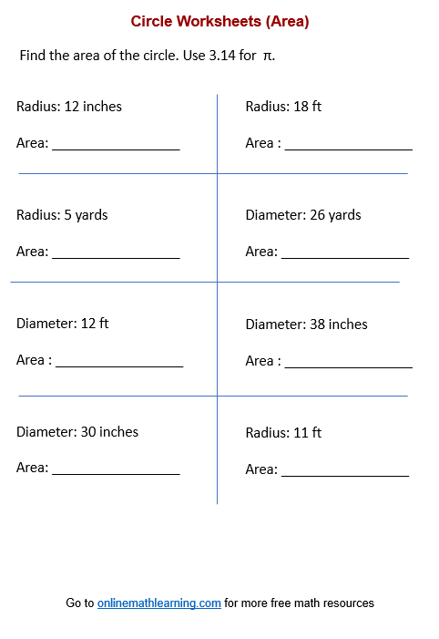 Area of circle Worksheet