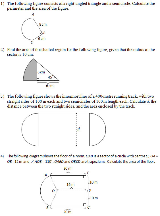 Area of figures that include circles, part 2 (Worksheets, Solutions