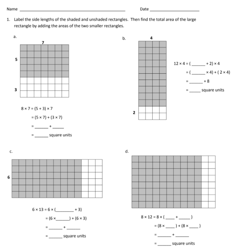 Area Of Rectangle Using Distributive Property Worksheet Printable