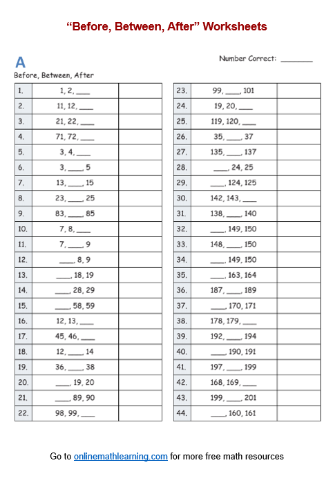 Before, Between, After Worksheets (Second Grade, printable, answers)