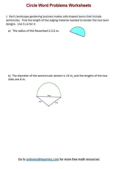 Circle Word Problems Worksheets (printable, online, answers, examples)