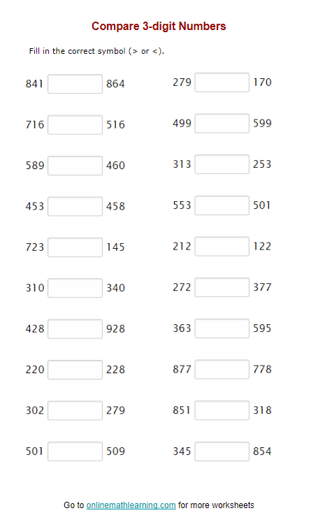 Compare 3 digit Numbers Worksheets (Second Grade printable)