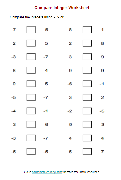 Compare Integers Worksheet (answers, examples)