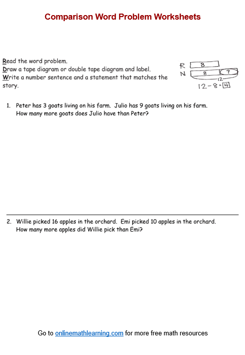 Comparison Word Problem Worksheet for First Grade