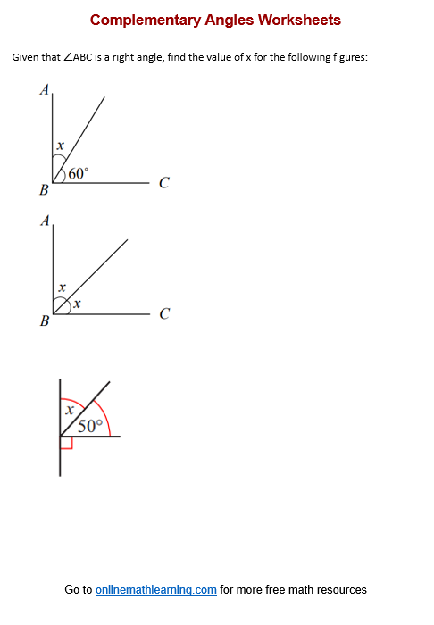 Complementary Angles Worksheets (printable, online, answers, examples)