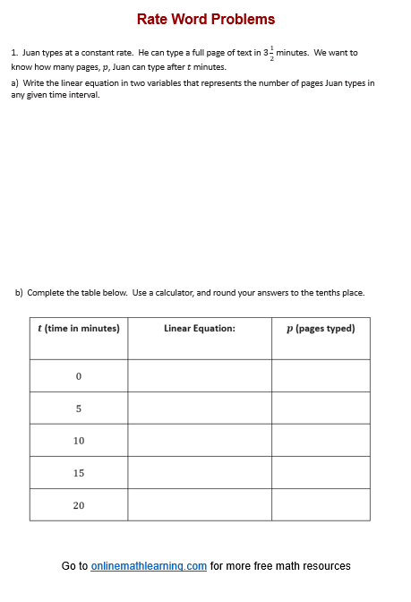 Solve rate word problem Worksheet