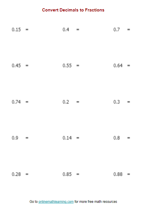 Convert Decimals To Fractions examples Solutions Videos Worksheets 