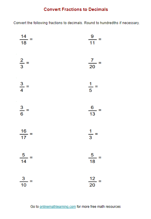 Convert Fractions To Decimals Using Long Division Worksheets examples 