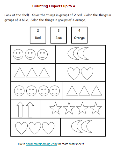 Counting to 4 Worksheet (Kindergarten, printable)