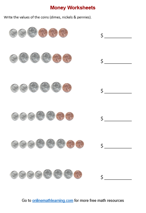 Counting Dimes, Nickels, & Pennies (worksheets, printable, online, answers)