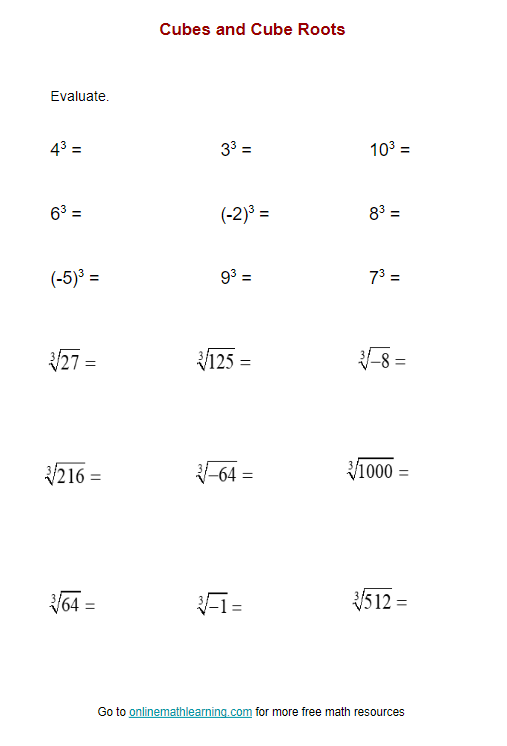 Cubes And Cube Root Worksheet printable Online Answers Examples 