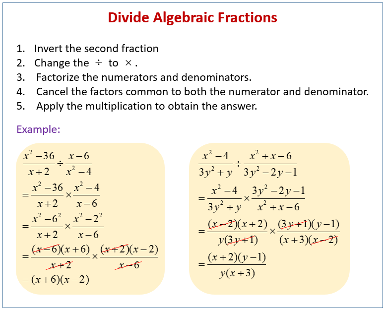 Dividing Algebraic Fractions (solutions, examples, videos, worksheets