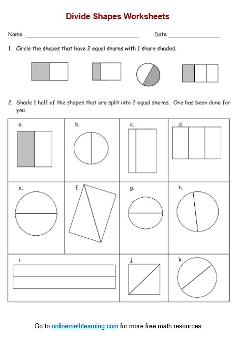 Divide Circle Rectangle Worksheets (Second Grade, printable)