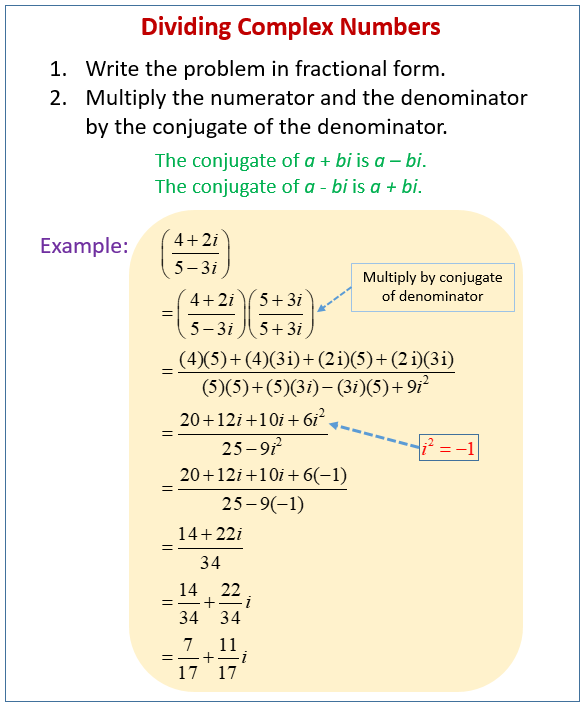 Dividing Complex Numbers (solutions, examples, videos, worksheets