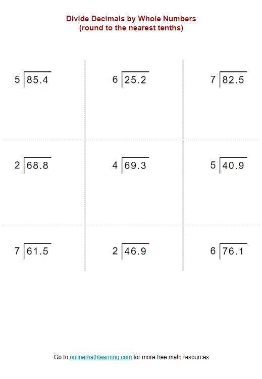 Dividing Decimals By Whole Numbers Rounding examples Solutions Videos Worksheets Activities 