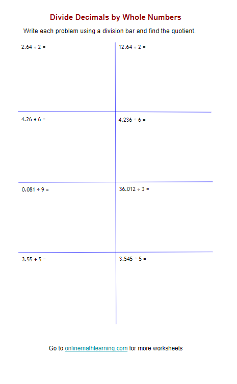 Dividing Decimals By Whole Numbers examples Solutions Videos 