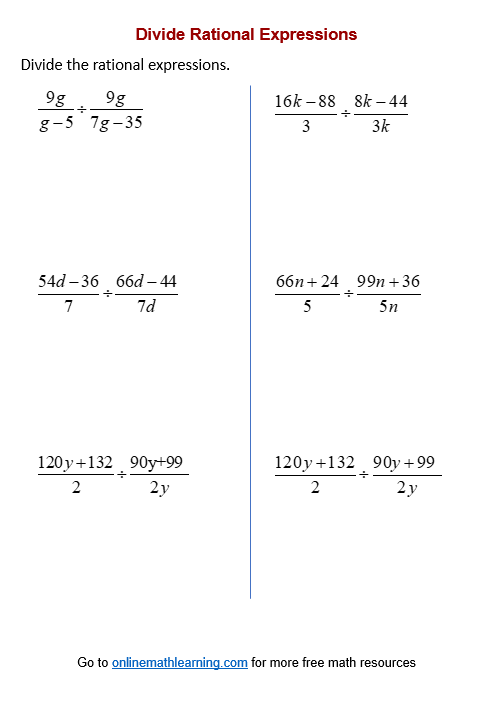 Divide Rational Expressions Worksheets (printable, online, answers ...