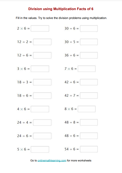 Divide using Multiplication Facts Worksheets (Printable, Online)