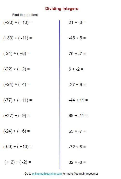 Multiplying And Dividing Integers Worksheet