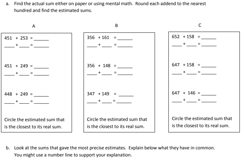 Estimate Sums By Rounding examples Solutions Videos Worksheets Homework Lesson Plans 