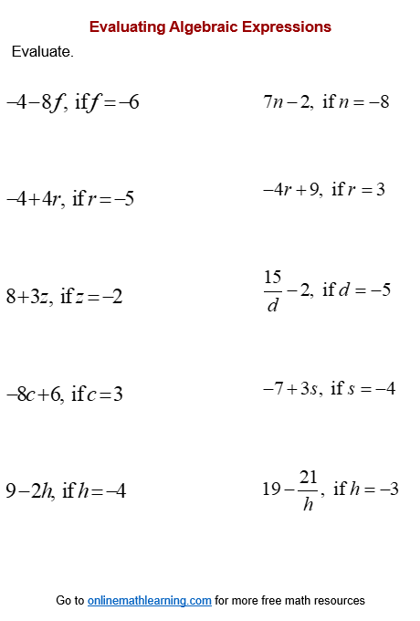 Evaluating Algebraic Expression Worksheets printable Online Answers 