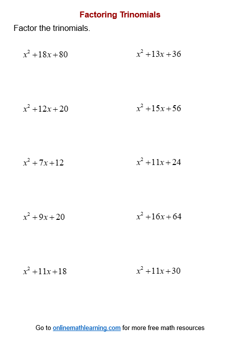 Factoring Trinomials Worksheets printable Online Answers Examples 