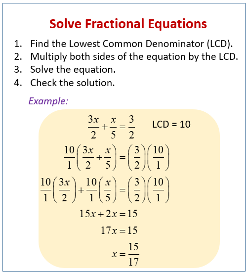 Fractional Equations examples Solutions Worksheets Videos Activities 