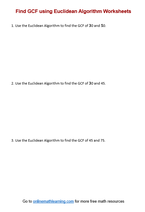 GCF using Euclidean Algorithm Worksheet (examples, answers, videos ...