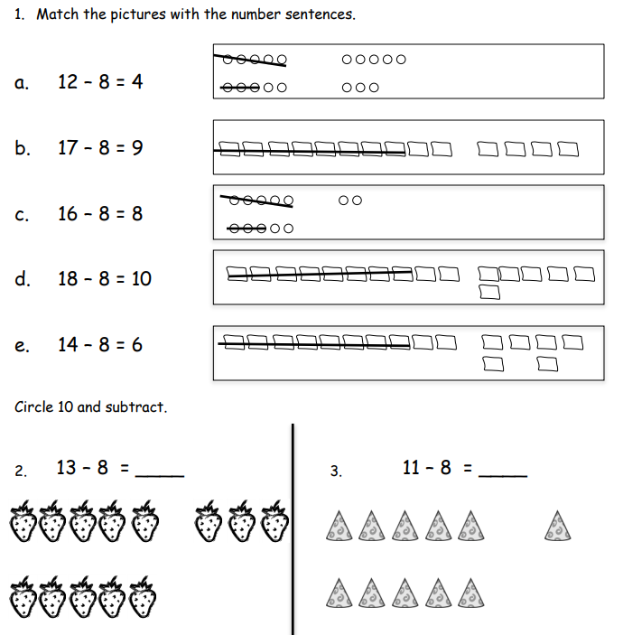 Subtract 8 from Teen Numbers examples solutions videos