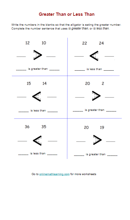 Greater Than Less Than Worksheets First Grade Printable