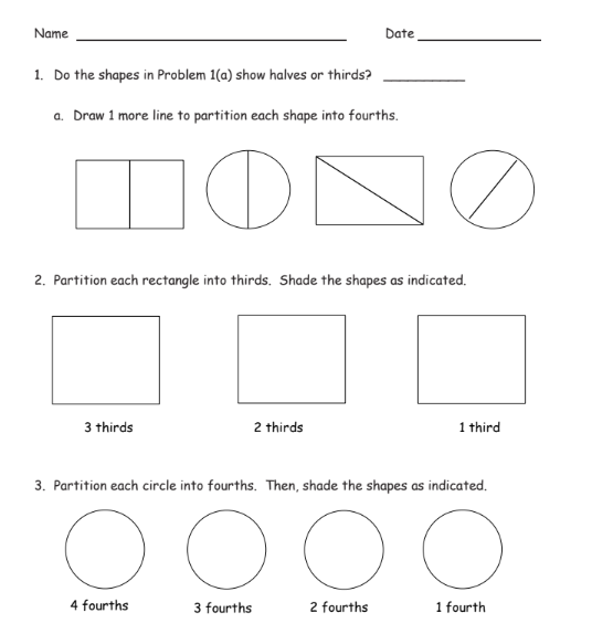 Halves, Thirds, or Fourths (solutions, examples, worksheets, lesson