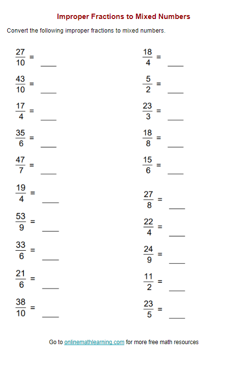 Improper Fractions to Mixed Numbers Worksheet (examples answers