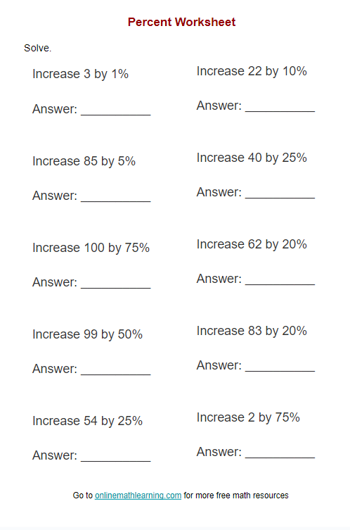 Increase A Number By A Percentage Worksheet answers Examples 