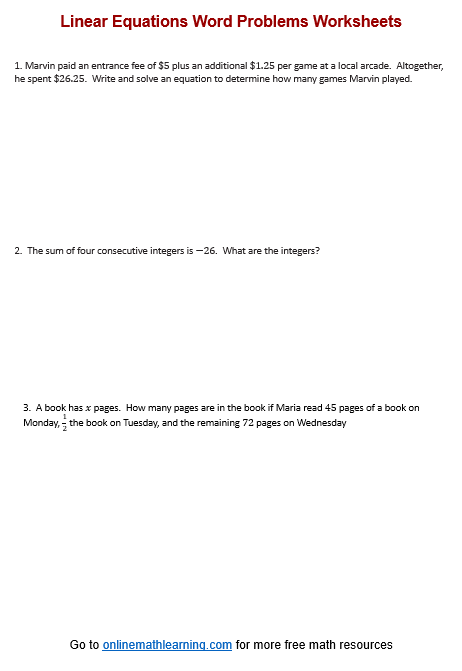 Solve linear equations word problems Worksheet